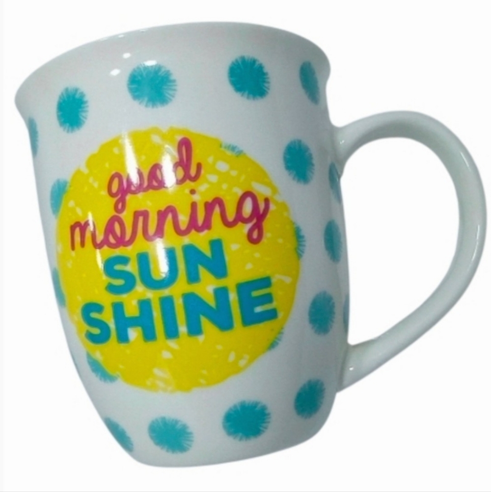 Oversized Ciroa Good Morning Sunshine Mug. Blue Polka Dots. Bone China. 15 Oz.